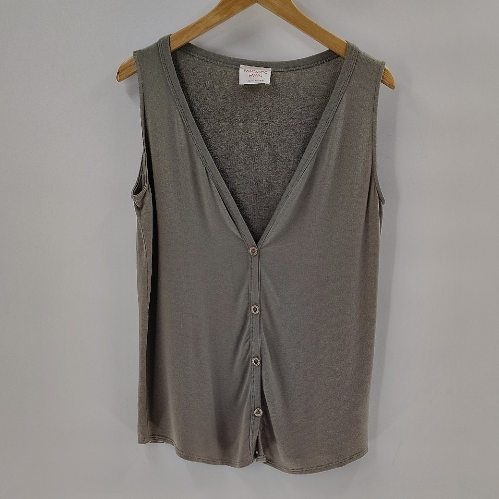 Fantastic Fawn Button Up Sleeveless Blouse Size Large Green V Neck Oversized